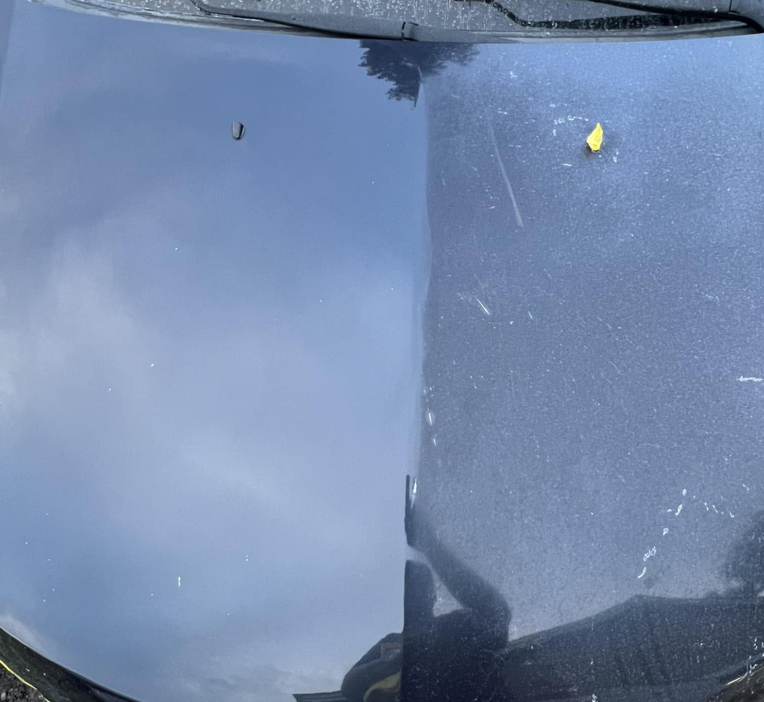 Oxidation removal demonstration with a clearer reflective finish on the left and an oxidized hazy finish on the right