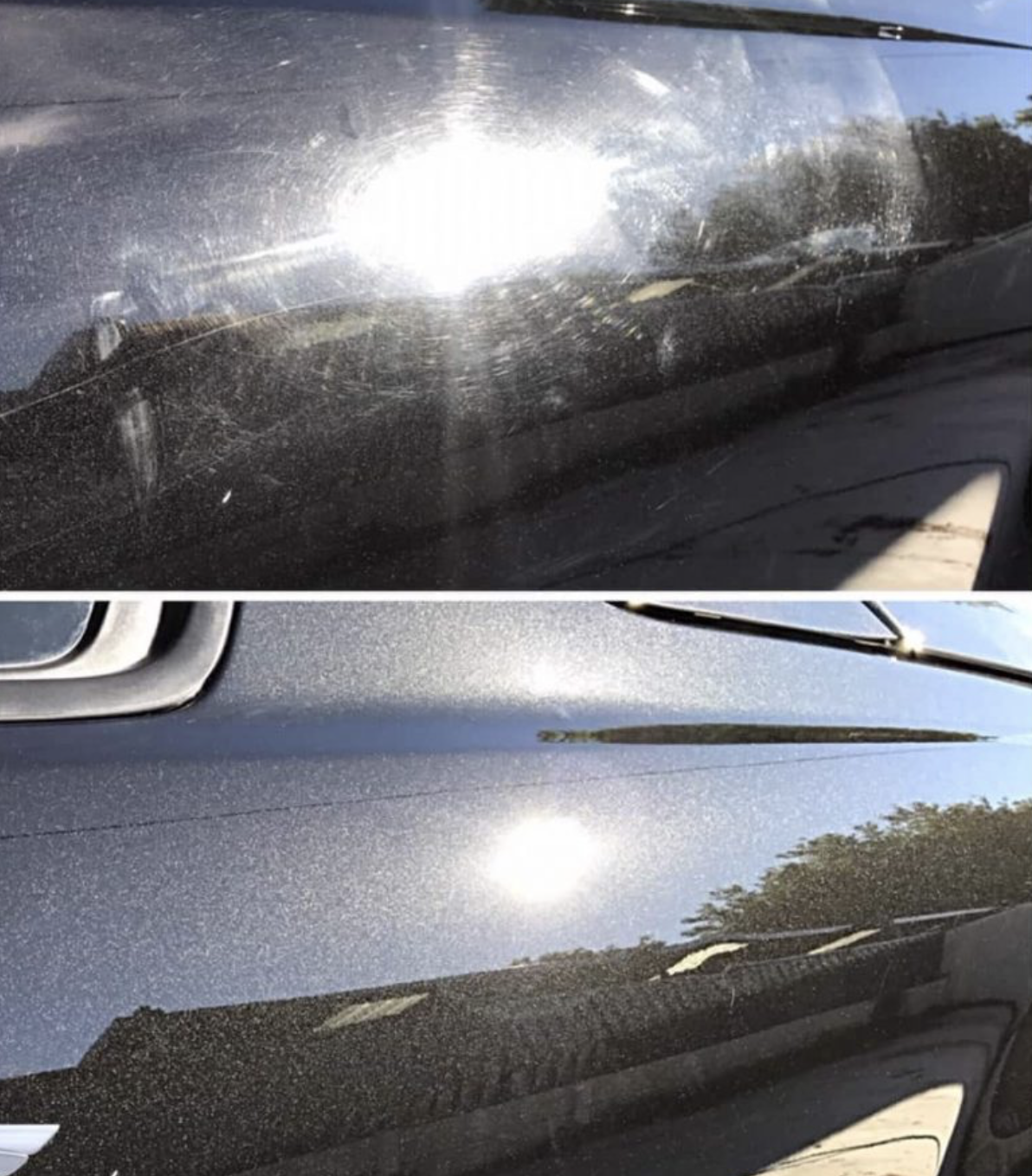 Paint comparison: visible swirl marks in the upper photo and clearer reflections in the lower photo